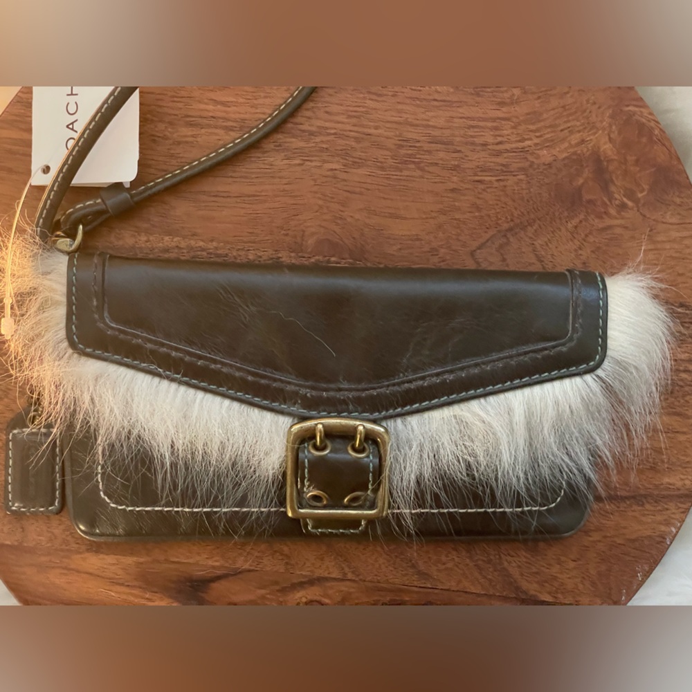 Coach SoHo Brown Leather & Shearling Wristlet with White Fur Trim (YSK RARE)